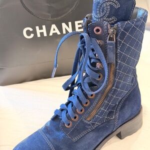 CHANEL Suede Leather Cap-Toe Lace-Up Boots